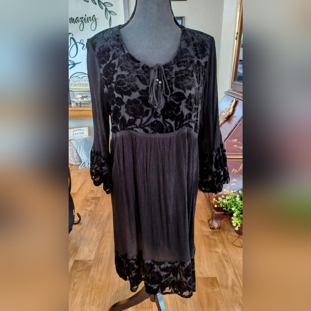 Knox Rose Elegant Black Boho Floral Dress Sz L